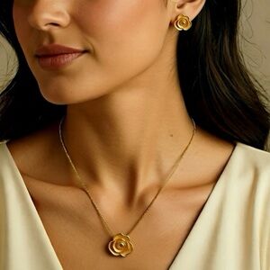 Peachy Orange Enameled Rose Necklace & Earring Set, 15 Inch Goldtone Chain